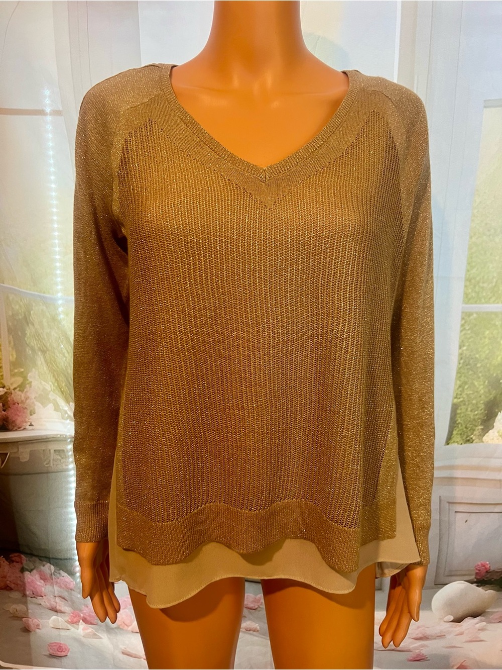 Lucky Brand Metallic Gold V-Neck Layered-Hem Sweater